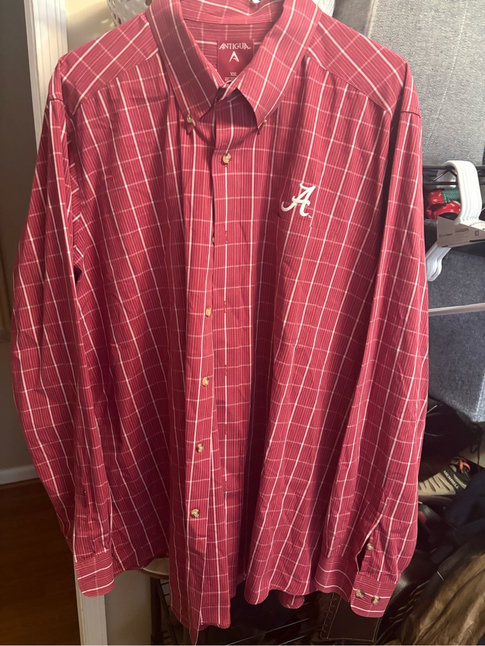 Antigua Crimson Plaid Button-Down Shirt with 'A' Logo